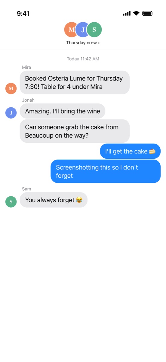 A group chat booking dinner at Osteria Lume on Thursday at 7:30